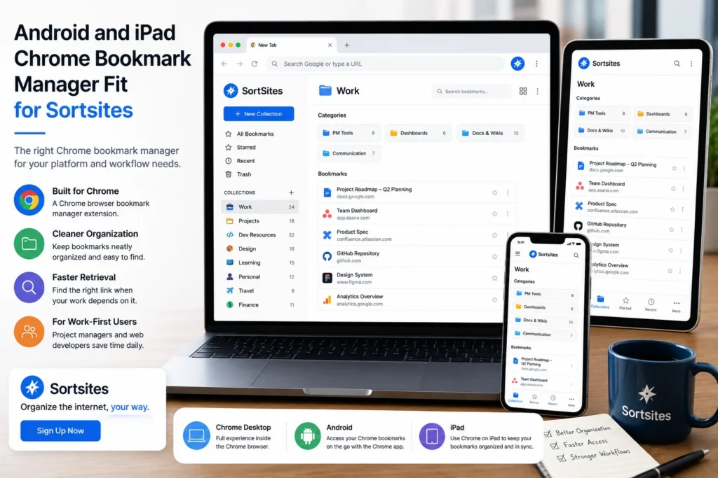 SortSites bookmark manager shown across desktop, Android, and iPad-style devices, organizing Chrome workflow bookmarks into clear collections and categories
