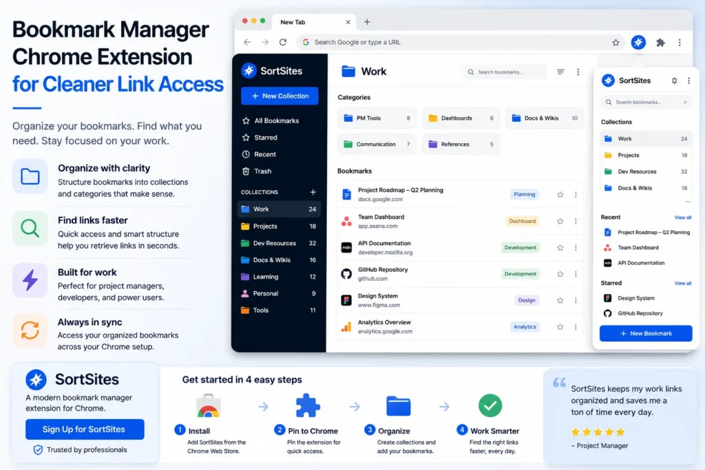 SortSites Chrome bookmark manager extension organizing work links into clean collections and categories for faster access